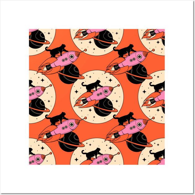 Space Walker Black Cat Pattern in orange Wall Art by The Charcoal Cat Co.